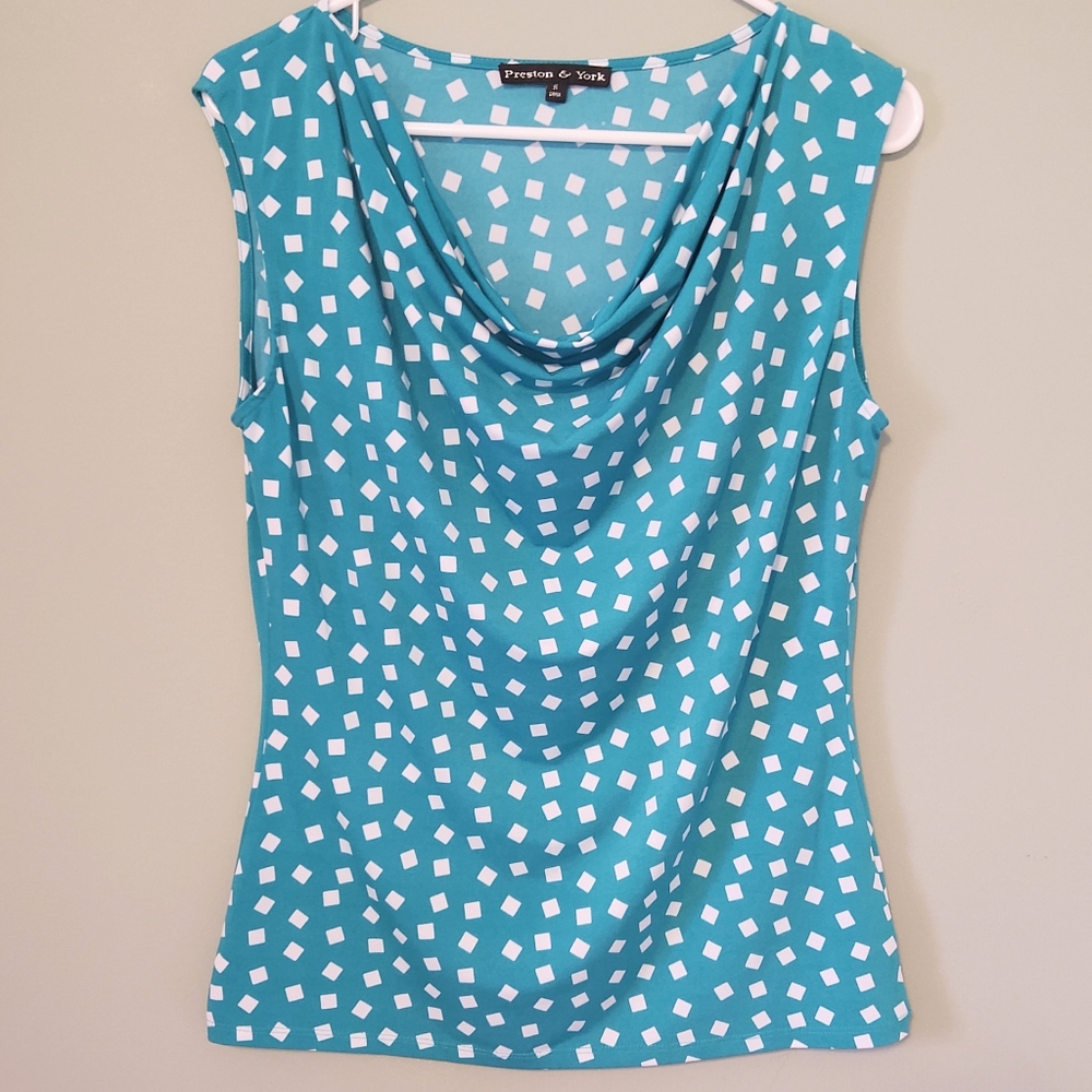 PRESTON YORK Turquoise White Square Pattern Sleeveless Drop Neck Top Sz Small